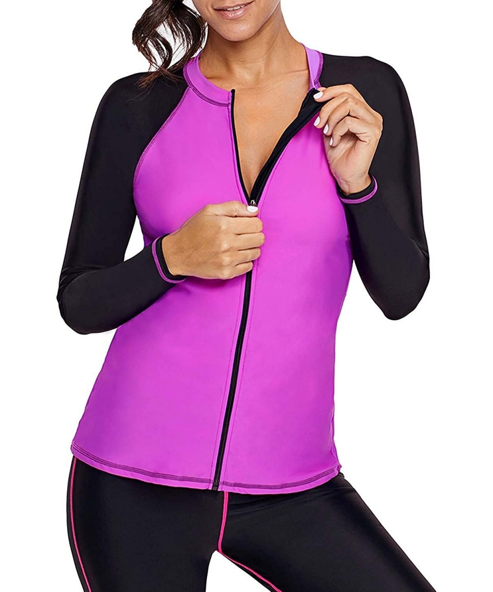 Rash Guards Womens Zip Front Long Sleeve Rashguard Shirt Color Block Print Tankini Swimsuit No Bottom - Purple - CS18QIRHN37