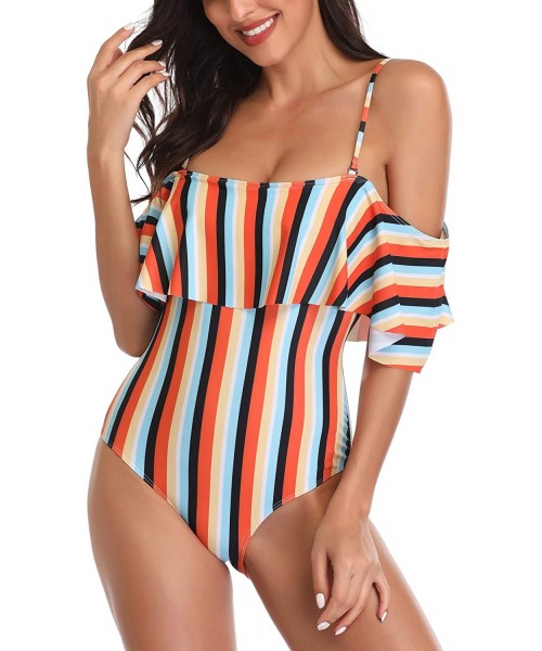 One-Pieces Women's Colorful Stripe One Piece Swimsuits One Shoulder Swimwear Asymmetric Ruffle Monokinis Bathing Suits - Blac...