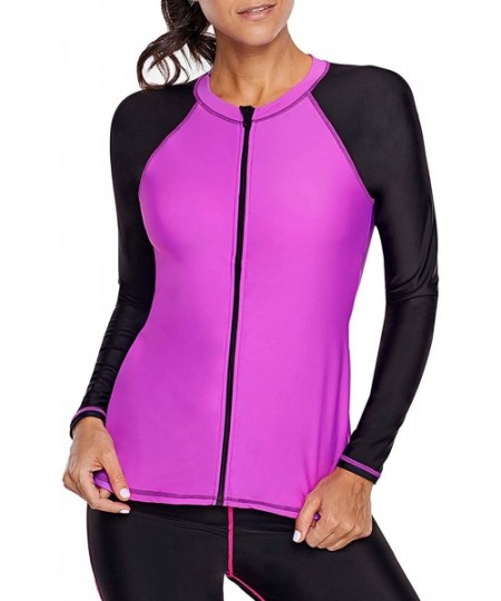 Rash Guards Womens Zip Front Long Sleeve Rashguard Shirt Color Block Print Tankini Swimsuit No Bottom - Purple - CS18QIRHN37