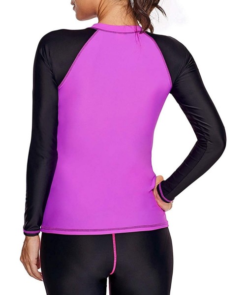 Rash Guards Womens Zip Front Long Sleeve Rashguard Shirt Color Block Print Tankini Swimsuit No Bottom - Purple - CS18QIRHN37