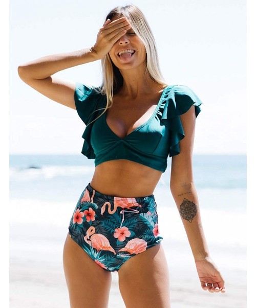 Sets High Waist Flounce Bikini Set Women Front Knot Side Bandage Two Piece Swimsuit Beachwear - Print9 - C8198R9CWWD