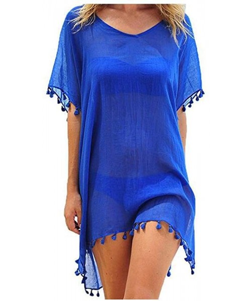 Cover-Ups Women Perspective Stripe Print Tassel Swimsuit Cover Up Dress Kaftan Bikini Swimwear Cover-Ups - Blue-5 - CW18M6HZ58T