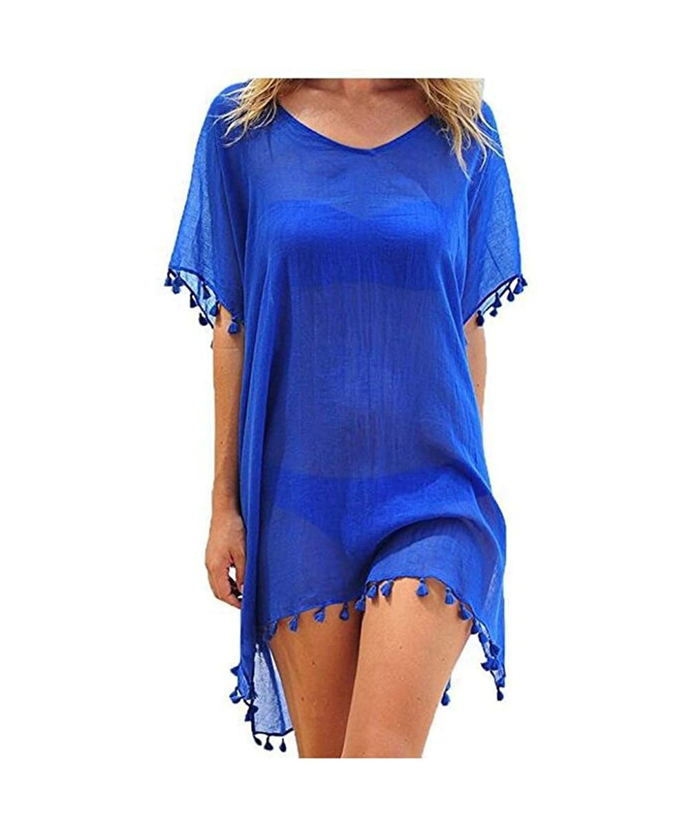 Cover-Ups Women Perspective Stripe Print Tassel Swimsuit Cover Up Dress Kaftan Bikini Swimwear Cover-Ups - Blue-5 - CW18M6HZ58T