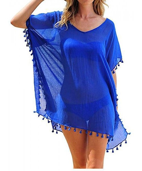 Cover-Ups Women Perspective Stripe Print Tassel Swimsuit Cover Up Dress Kaftan Bikini Swimwear Cover-Ups - Blue-5 - CW18M6HZ58T