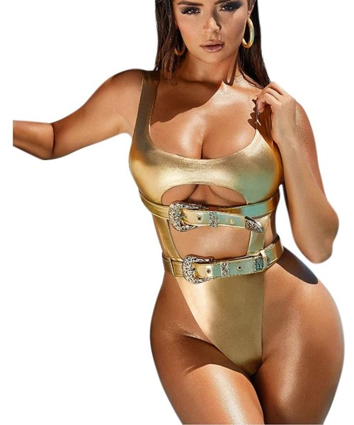 One-Pieces Women's One Piece Rave Bodysuits Sexy Shiny Metallic Cut Out Swimsuit for Concerts Music Festivals EDM Shiny Golde...