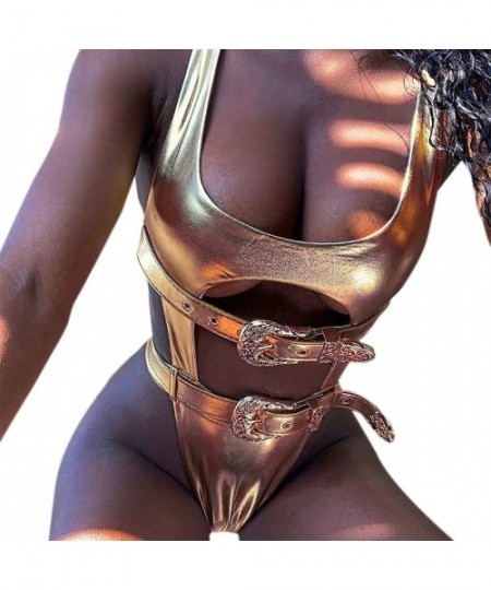 One-Pieces Women's One Piece Rave Bodysuits Sexy Shiny Metallic Cut Out Swimsuit for Concerts Music Festivals EDM Shiny Golde...