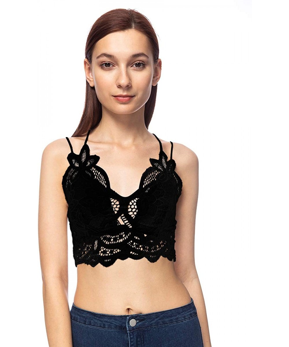 Tops Women's Floral Crochet Lace Spaghetti Strap Bralette Crop Bikini Top - Black - CK18UCN0TRL