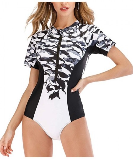 Rash Guards Women's Rash Guard Short Sleeve One Piece Swimsuit with Zipper UPF 50+ - Black / White - C619007QKGH