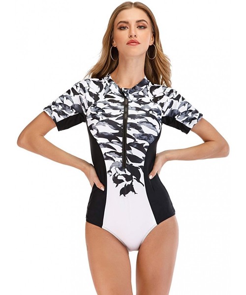 Rash Guards Women's Rash Guard Short Sleeve One Piece Swimsuit with Zipper UPF 50+ - Black / White - C619007QKGH