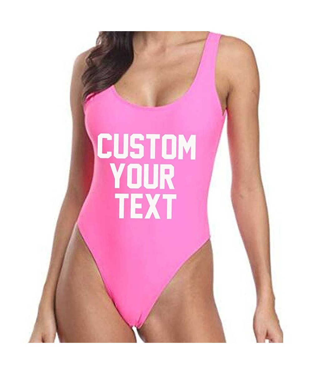 One-Pieces Women's Personalized Text Bathing Suits Inspired High Cut Low Back One Piece Swimwear Pink(message for Custom Text...