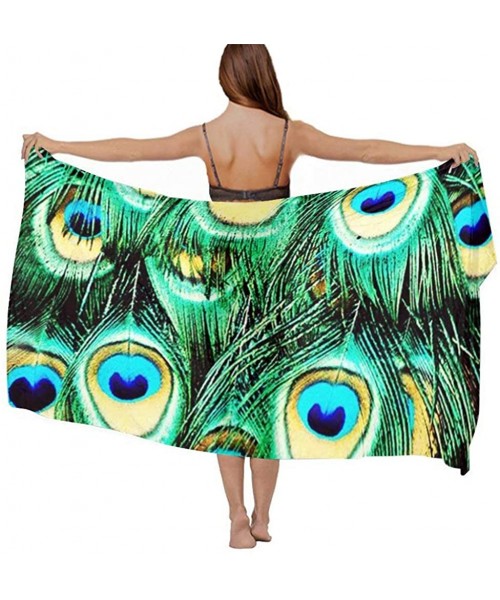 Cover-Ups Women's Swimwear Cover Ups- Summer Vacation Beach Sarong Soft Shawl Wrap - Beautiful Peacock Feathers Green - CA19C...