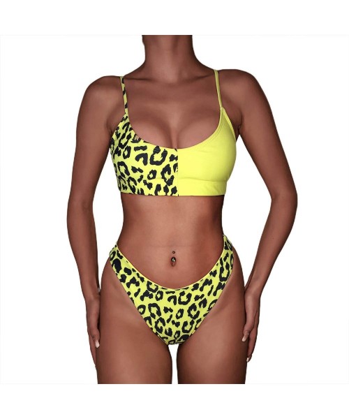 Sets Women's Sexy Leopard Print Two-Piece Triangle Cheeky Bottom Push Up Bikini Set Micro Thong - Yellow - C3192I5D4AM