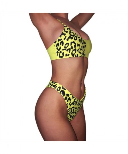 Sets Women's Sexy Leopard Print Two-Piece Triangle Cheeky Bottom Push Up Bikini Set Micro Thong - Yellow - C3192I5D4AM