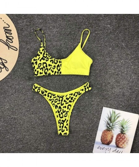 Sets Women's Sexy Leopard Print Two-Piece Triangle Cheeky Bottom Push Up Bikini Set Micro Thong - Yellow - C3192I5D4AM