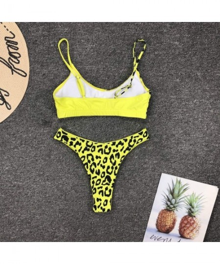 Sets Women's Sexy Leopard Print Two-Piece Triangle Cheeky Bottom Push Up Bikini Set Micro Thong - Yellow - C3192I5D4AM