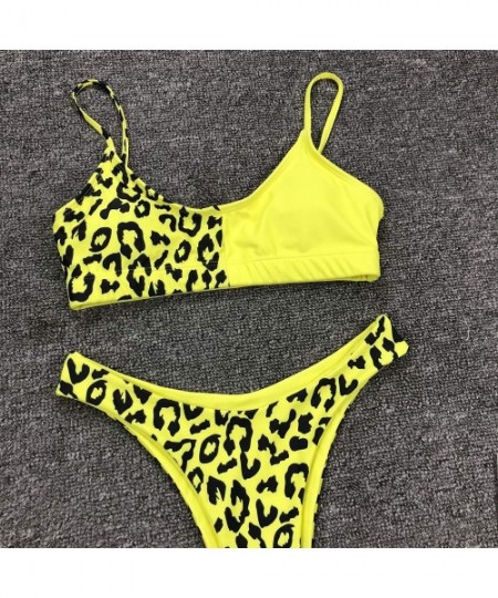 Sets Women's Sexy Leopard Print Two-Piece Triangle Cheeky Bottom Push Up Bikini Set Micro Thong - Yellow - C3192I5D4AM