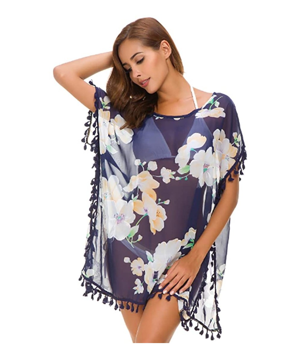 Cover-Ups Women's Chiffon Swimsuit Beach Bathing Suit Cover Ups for Swimwear - Navyblue Flower - CC18G7Y6UM7