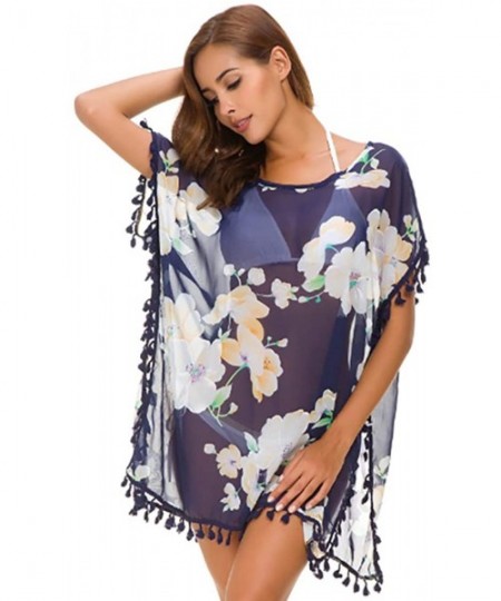 Cover-Ups Women's Chiffon Swimsuit Beach Bathing Suit Cover Ups for Swimwear - Navyblue Flower - CC18G7Y6UM7