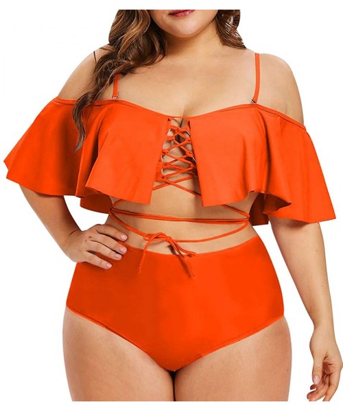 Sets Women's Plus Size Swimwear Two Piece High Waist Swimsuit Bathing Suits - Neon Orange - CU18TRIWCRS