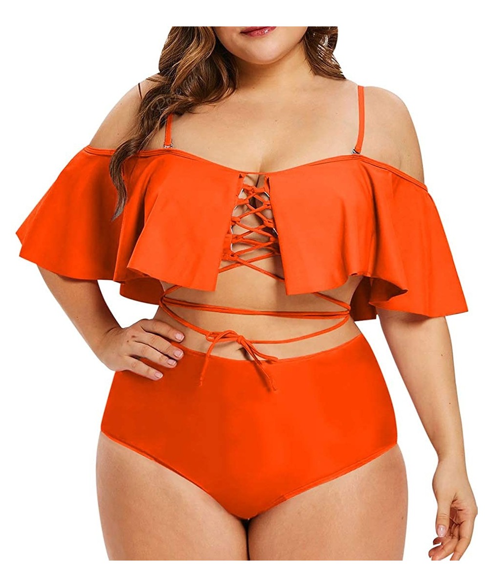 Sets Women's Plus Size Swimwear Two Piece High Waist Swimsuit Bathing Suits - Neon Orange - CU18TRIWCRS