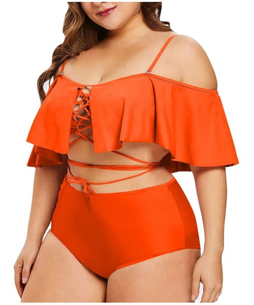 Sets Women's Plus Size Swimwear Two Piece High Waist Swimsuit Bathing Suits - Neon Orange - CU18TRIWCRS