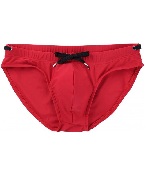 Briefs Mens Solid Drawstring Summer Bikini Briefs Pad Bulge Pouch Surf Swimsuit Underwear - Red - CE18ROIN63D