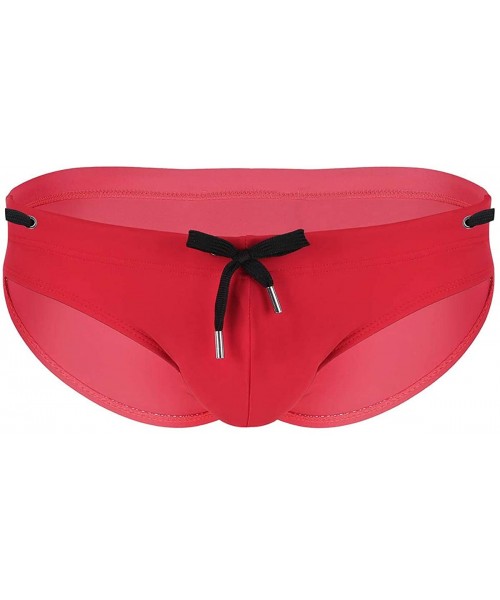 Briefs Mens Solid Drawstring Summer Bikini Briefs Pad Bulge Pouch Surf Swimsuit Underwear - Red - CE18ROIN63D