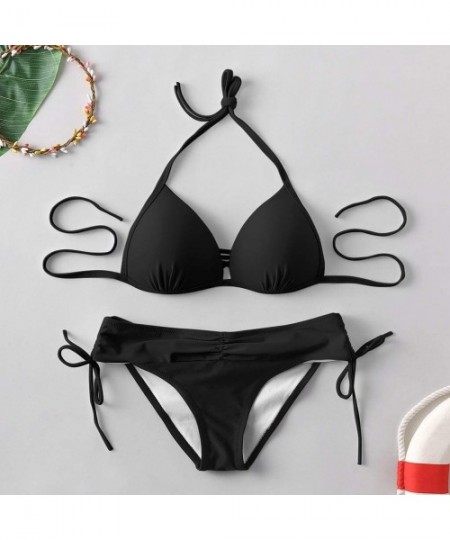 Bottoms Store Two Piece Swimsuits Women Padded Bra Bikini Set Push Up Bandage Beachwear Gold Velvet Swimwear - Black - CQ194E...