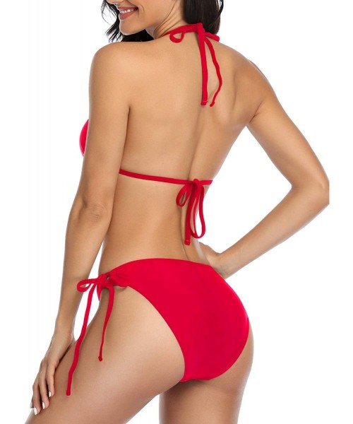 Sets Women Two Piece Halter Padded Top Tie Side Bottom Triangle Bikini Bathing Suit - Red - CE193AZXEOQ