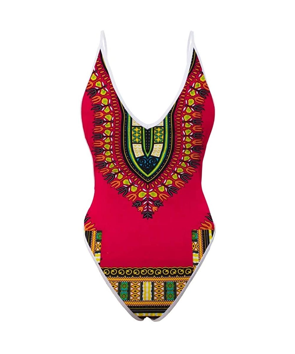 One-Pieces Plunge Deep V Neckline One Piece Thong Women's Swimsuit African Ethnic Pattern High Cut Backless Monokinis Pattern...