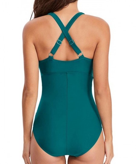 One-Pieces Women's One Piece Swimsuits Ruched Tommy Control Swimwear V Neck Sexy Back Crossover Swimming Bathing Suits Olive ...