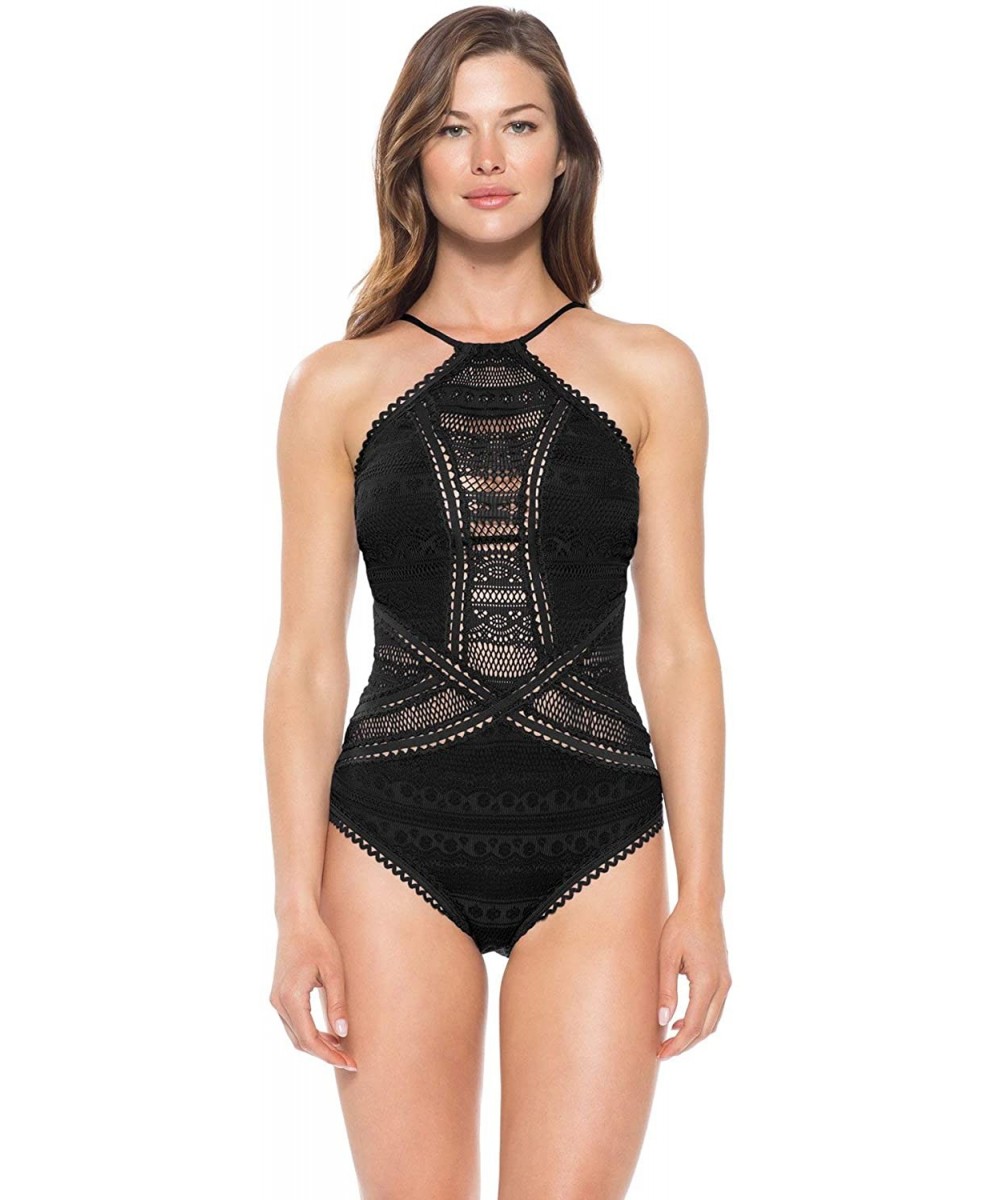 One-Pieces Women's Rickrack High Neck One Piece Swimsuit Black XL - CM18GTY22KD