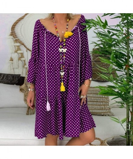 Bottoms Women's Ladies Loose Floral Print Three Quarter Sleeve Mini Dress Summer Dress - Purple - C818WC0EO2K