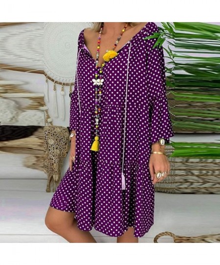 Bottoms Women's Ladies Loose Floral Print Three Quarter Sleeve Mini Dress Summer Dress - Purple - C818WC0EO2K