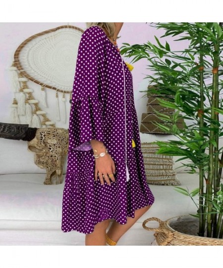 Bottoms Women's Ladies Loose Floral Print Three Quarter Sleeve Mini Dress Summer Dress - Purple - C818WC0EO2K