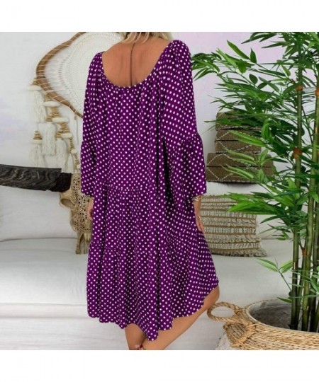 Bottoms Women's Ladies Loose Floral Print Three Quarter Sleeve Mini Dress Summer Dress - Purple - C818WC0EO2K