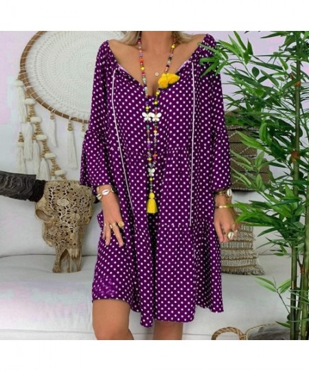 Bottoms Women's Ladies Loose Floral Print Three Quarter Sleeve Mini Dress Summer Dress - Purple - C818WC0EO2K