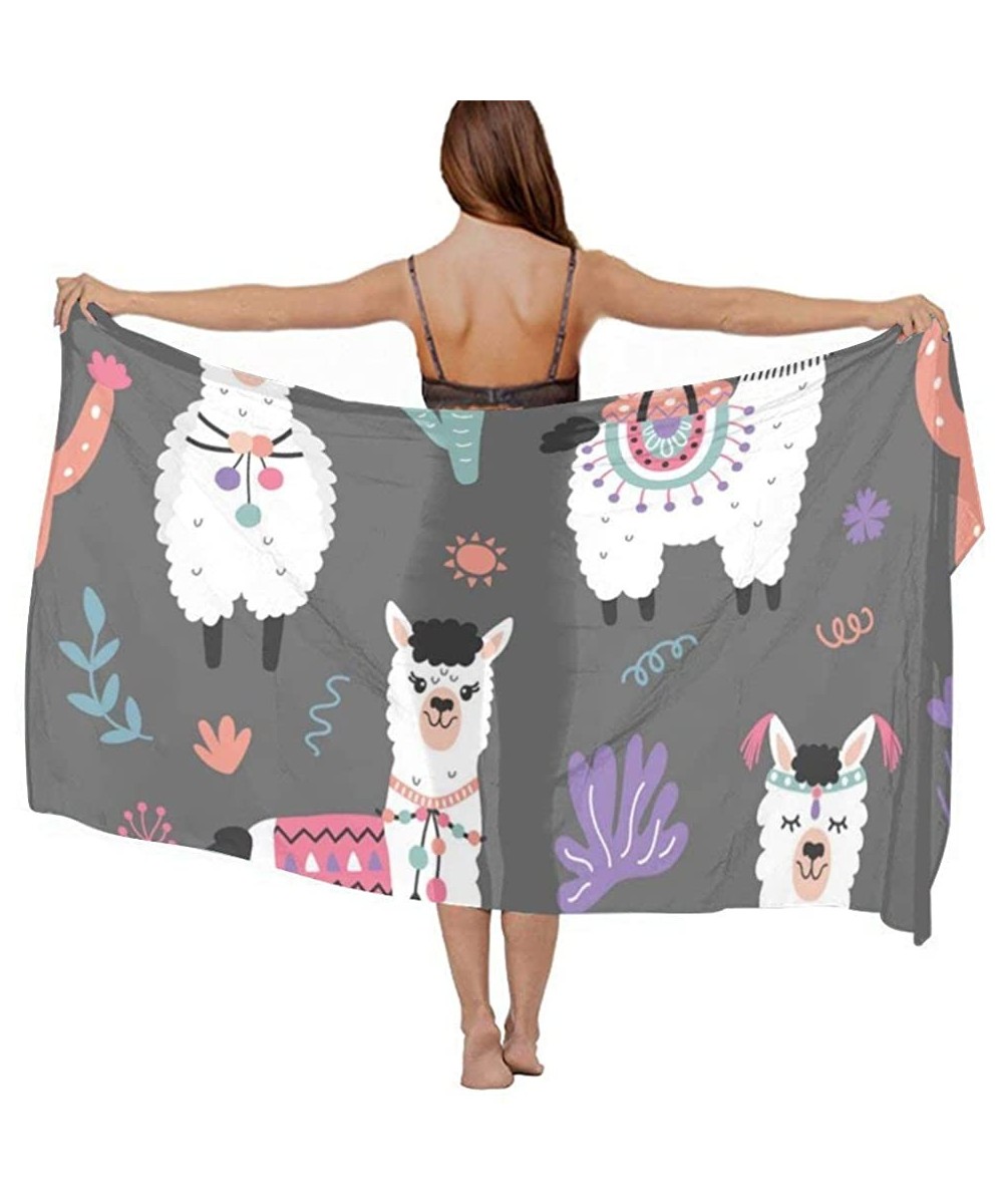 Cover-Ups Women Luxury Chiffon Swimwear Cover Up- Oversize Beach Sarong Shawl Wrap - Cartoon Llama Alpaca Seamless - CC19C4EUY0L