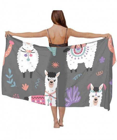 Cover-Ups Women Luxury Chiffon Swimwear Cover Up- Oversize Beach Sarong Shawl Wrap - Cartoon Llama Alpaca Seamless - CC19C4EUY0L