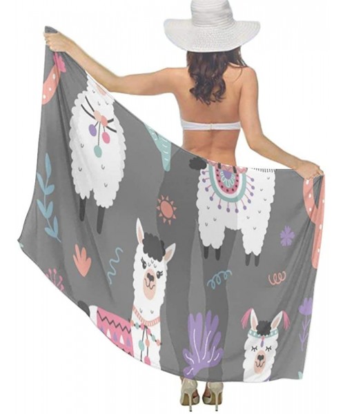 Cover-Ups Women Luxury Chiffon Swimwear Cover Up- Oversize Beach Sarong Shawl Wrap - Cartoon Llama Alpaca Seamless - CC19C4EUY0L