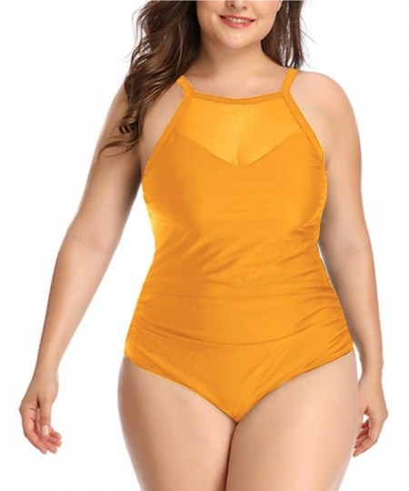 One-Pieces Women Plus Size One Piece Bathing Suits Ruched Tummy Control Swimsuit High Neck Mesh Swimwear - Yellow-1 - CS18XS0...