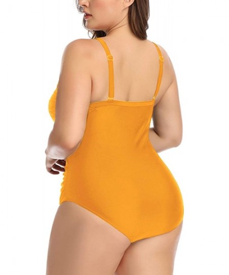 One-Pieces Women Plus Size One Piece Bathing Suits Ruched Tummy Control Swimsuit High Neck Mesh Swimwear - Yellow-1 - CS18XS0...