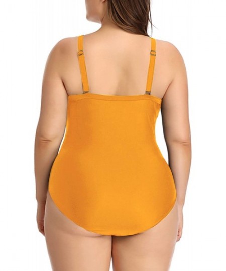 One-Pieces Women Plus Size One Piece Bathing Suits Ruched Tummy Control Swimsuit High Neck Mesh Swimwear - Yellow-1 - CS18XS0...