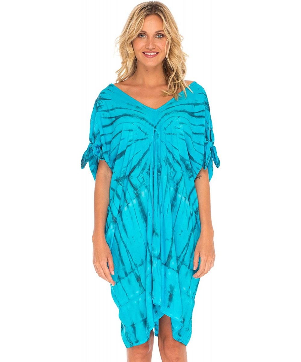 Cover-Ups Womens Beach Cover Up Loose Kaftan Tunic Dress Poncho Top Tie Dye - Turquoise - CC18Q730WKW