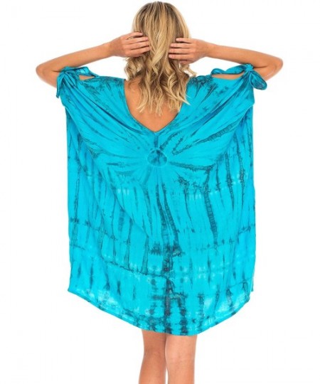 Cover-Ups Womens Beach Cover Up Loose Kaftan Tunic Dress Poncho Top Tie Dye - Turquoise - CC18Q730WKW