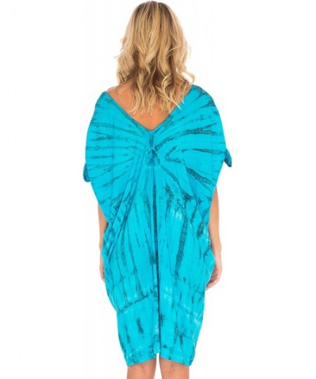 Cover-Ups Womens Beach Cover Up Loose Kaftan Tunic Dress Poncho Top Tie Dye - Turquoise - CC18Q730WKW