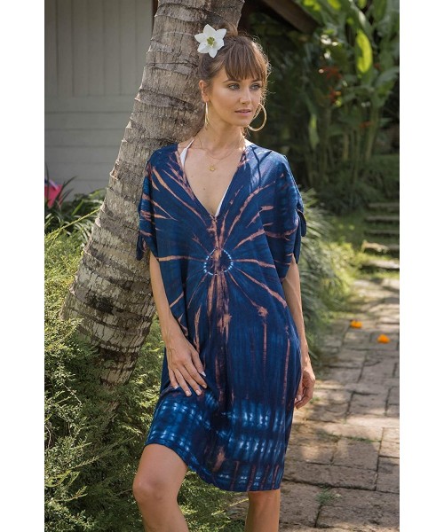 Cover-Ups Womens Beach Cover Up Loose Kaftan Tunic Dress Poncho Top Tie Dye - Turquoise - CC18Q730WKW