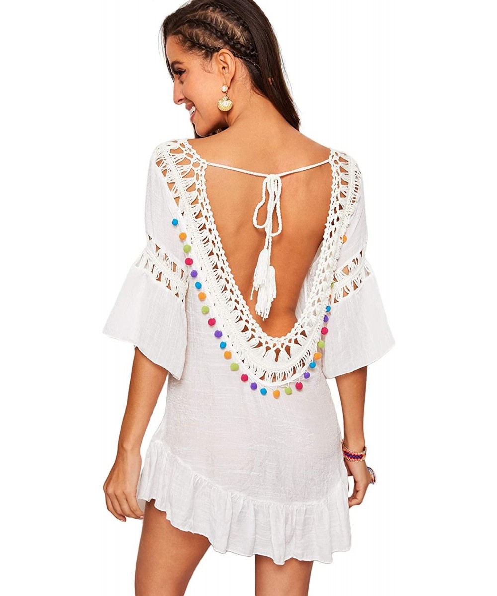 Cover-Ups Women's Summer Pom Pom Swimsuit Bikini Beach Cover Up - White - CM18SC2ENKX