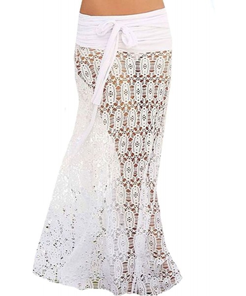 Cover-Ups Women Floral Lace Fishnet Maxi Long Skirt Summer Beach Halter Dress Bikini Cover Up - White - CU183M39UN3