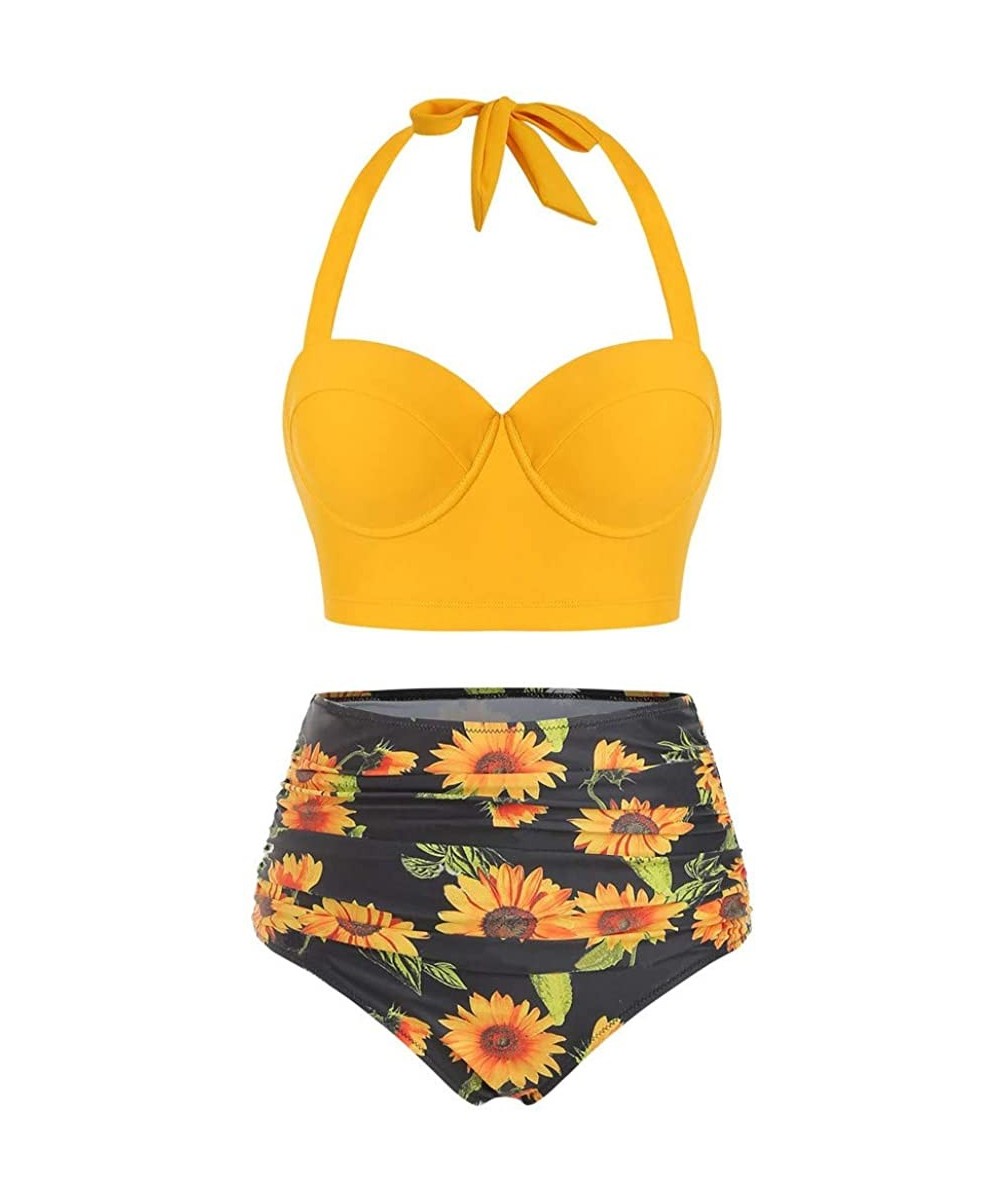 Sets 2020 Women Padded Push Up Bikini Set Floral Halter High Waisted Two Piece Beachewear Swimsuit Bathing Suit S-5XL - A-yel...